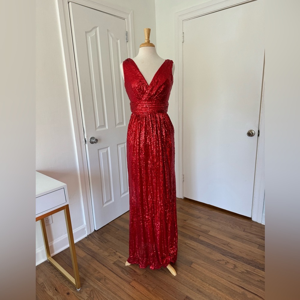 Red sequin full length A line gown
